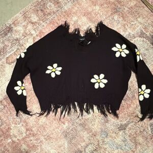 rue21 Black Distressed Cropped Daisy Fringe Knit  Sweater Size S